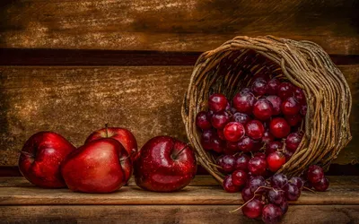 Обои виноград, фрукты, яблоки, корзина, ягоды для рабочего стола #121703