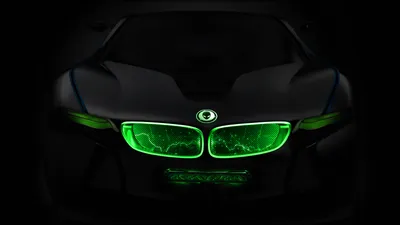 Обои на рабочий стол Черная машина BMW, c зеленой неоновой подсветкой  передней панели и фар, обои для рабочего стола, скачать обои, обои бесплатно