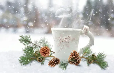 Обои зима, пар, кружка, чашка, Новый год, Christmas, шишки, New Year  картинки на рабочий стол, раздел настроения - скачать | Напитки, Кружка,  Кофе