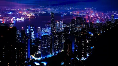 Обои на телефон ночной город, панорама, небоскребы, огни города, залив -  скачать бесплатно в высоком качестве из категории \"Города\"