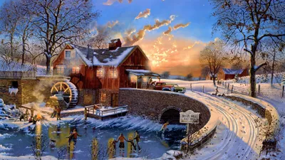 Картинка на рабочий стол Dave barnhouse, живопись, зима, поздняя осень, the  skating party 1920 x 1080