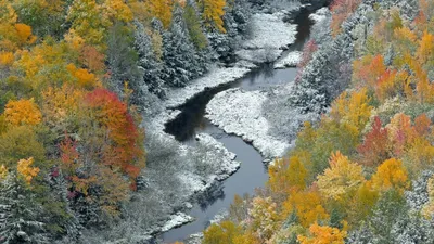 Картинки поздняя осень, первый снег, река, лес, иней, природа - обои  1920x1080, картинка №47331