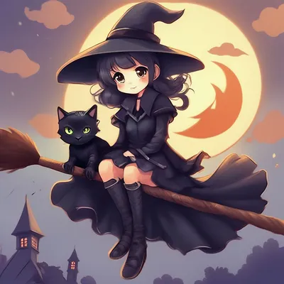 Милая ведьмочка на метле с чёрным…» — создано в Шедевруме