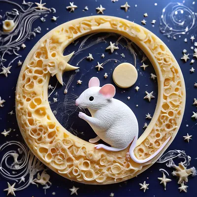 Мышка на месяце из сыра 3д, тё…» — создано в Шедевруме