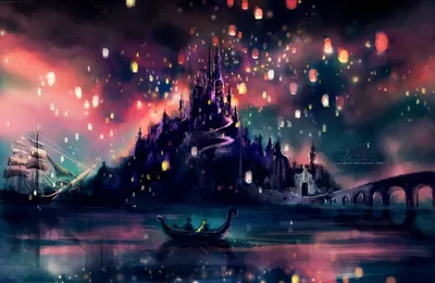 Обои на рабочий стол Нарисованный кадр из мультика 'Рапунцель / Rapunzel',  Рапунцель с принцем плывут в лодке, наблюдая за светящимися фонариками,  летающими вокруг замка, обои для рабочего стола, скачать обои, обои  бесплатно