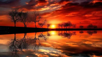 отражение в деревьях на закате Hd, самые красивые фотографии природы,  красивый, самый красивый закат фон картинки и Фото для бесплатной загрузки