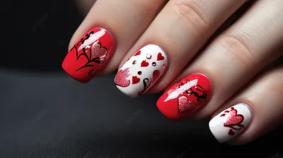 красно белый маникюр с узорами в виде сердечек, фото валентинки на ногтях,  ноготь, лак для ногтей фон картинки и Фото для бесплатной загрузки