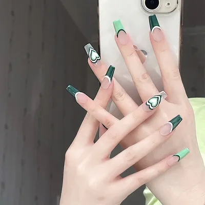 Новинка накладные ногти Длинные Зеленые Сердечки на ногтях полное покрытие  накладные ногти Типсы для женщин маленький Маникюр балетные ногти |  AliExpress