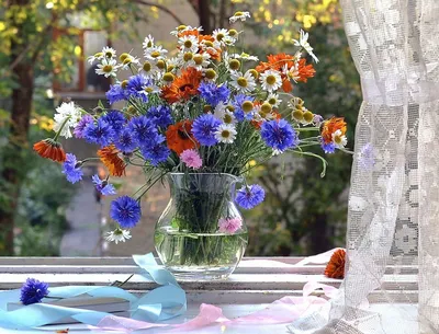 Полевые цветы в стеклянной вазе на окне.. Фотограф Наталья Бочкарева