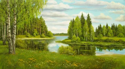 Берёзы у реки - пейзаж маслом художника Тюленева