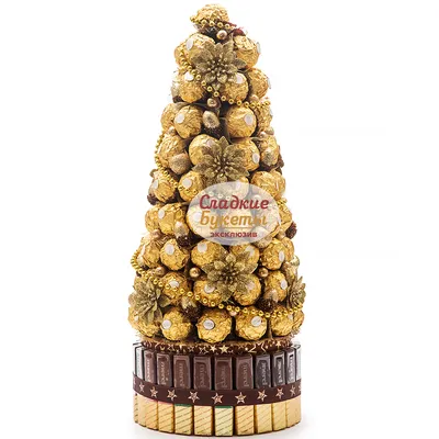 Новогодняя елка из конфет Эксклюзив \"Зимняя красавица\" высота 40 см из  конфет Ferrero и Merci | Сладкие букеты