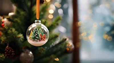 Обои на рабочий стол Шарик, внутри которого елки, покрытые снегом, украшает  наряду с другими игрушками новогоднюю ель, обои для рабочего стола, скачать  обои, обои бесплатно