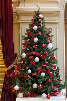 Рождественская елка с красными и белыми шариками в комнате, подарками под  деревом, камином, комнатой с рождественской елкой, инте Стоковое Фото -  изображение насчитывающей камин, подарки: 131478214