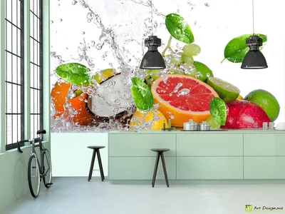 Фотообои на заказ - Фрукты под струёй воды | Фотообои для кухни на заказ в  Молдове