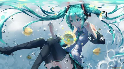 Обои Аниме Vocaloid, обои для рабочего стола, фотографии аниме, vocaloid,  hatsune, miku, kuroi, asahi, арт, рыбки, вода, девушка, пузырьки Обои для рабочего  стола, скачать обои картинки заставки на рабочий стол.