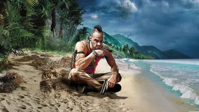 Обои на рабочий стол Vaas Montenegro / Вас Черногорец из игры Far Cry 3  сидит на берегу океана с пистолетами в руках, обои для рабочего стола,  скачать обои, обои бесплатно