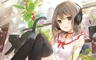 Обои на рабочий стол Девушка в наушниках сидит рядом с черным котом, by  kawaii. girlspic, обои для рабочего стола, скачать обои, обои бесплатно
