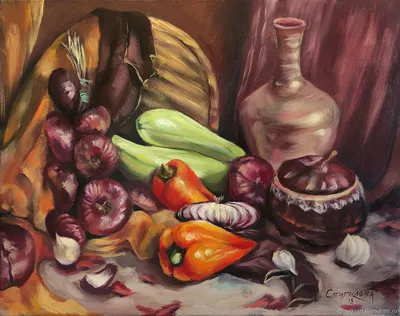 Иллюстрация Натюрморт с овощами и фруктами в стиле живопись |
