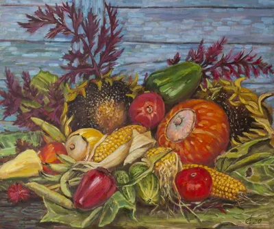 Картина \"Цветы в корзине и овощи с фруктами, осенний натюрморт \" |  Интернет-магазин картин \"АртФактор\"