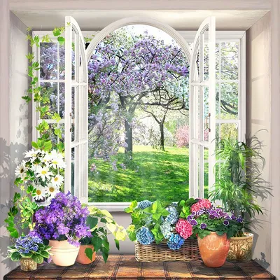 Фотообои Окно в сиреневый сад купить на Стену — Цены и 3D Фото интерьеров в  Каталоге интернет магазина allstick.ru