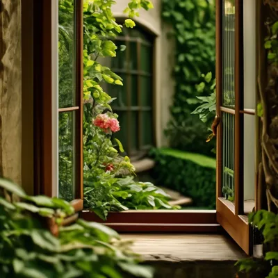 Фотообои на стену Окно в цветущий сад - Природа Окно