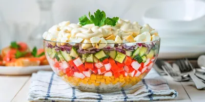 Слоёный салат с крабовыми палочками: рецепт - Лайфхакер