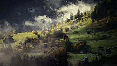Image Alps Village Fog Nature mountain Meadow 1920x1080