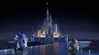 Обои на рабочий стол R2-D2, BB-8 два персонажа из Звездных войн на фоне  Дисней замка, обои для рабочего стола, скачать обои, обои бесплатно
