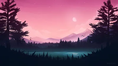 Обои на рабочий стол Пейзаж озера в ночном лесу, digital art by rmRadev,  обои для рабочего стола, скачать обои, обои бесплатно
