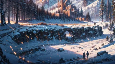 Обои люди, замок, горы, снег, зима, арт картинки на рабочий стол, фото  скачать бесплатно