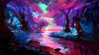 Обои на рабочий стол Пейзаж лесной реки в лучах вечернего солнца, digital  art by JoeyJazz, обои для рабочего стола, скачать обои, обои бесплатно