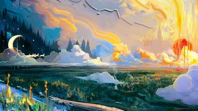 Обои пейзаж, арт, луна, трава, красочный картинки на рабочий стол, фото  скачать бесплатно