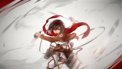 Обои на рабочий стол Микаса Аккерман / Mikasa Ackerman сражается с гигантом  на фоне города, из аниме Атака титанов / Attack On Titan, обои для рабочего  стола, скачать обои, обои бесплатно