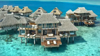 Download wallpaper sea, beach, landscape, palm trees, Bora Bora,  architecture, Villa, relaxing, section landscapes in resolution 1152x864