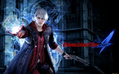 Обои Видео Игры Devil May Cry 4, обои для рабочего стола, фотографии видео  игры, devil may cry 4, взгляд, серые, волосы, парень, оружие, пистолет,  надпись, свет, рука, плащь, здание, дым, воин Обои