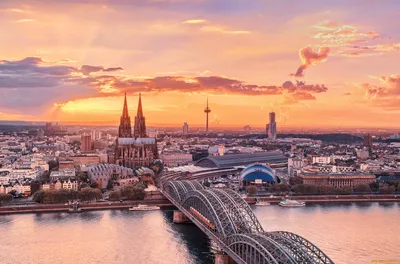 Обои Города Кельн (Германия), обои для рабочего стола, фотографии города,  кельн, германия, рассвет, собор, река, мост Обои для рабочего стола,  скачать обои картинки заставки на рабочий стол.