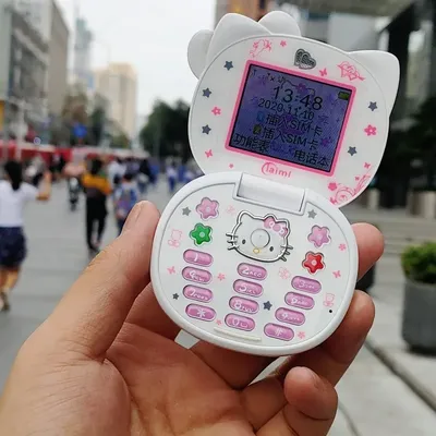 Новинка Kawaii Sanrioed Hello Kitty Флип-телефон мультфильм милые дети  Taiml мини-телефон Подарки для детей для девочек игрушки | AliExpress