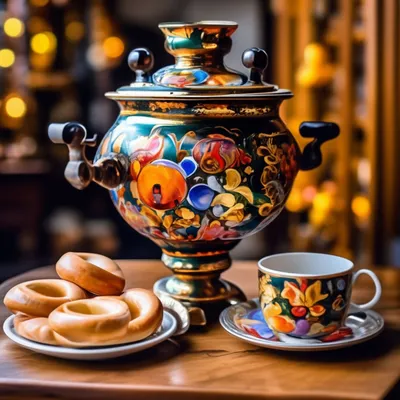 Русский самовар на столе с чашками и блюдцами. Самовар с калиной foto de  Stock | Adobe Stock