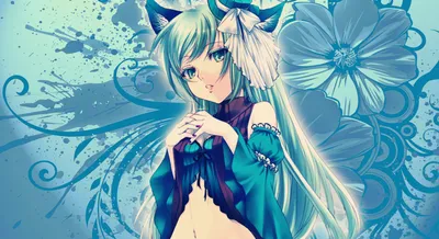 Обои аниме девушки на рабочий стол, кошка, неко, neko, ушки, шляпка,  голубые волосы, длинные волосы, цветы, зеленые глаза на рабочий стол