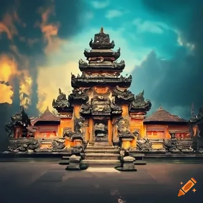 A 640 x 480 banner with balinese temple in the background on left side on  Craiyon