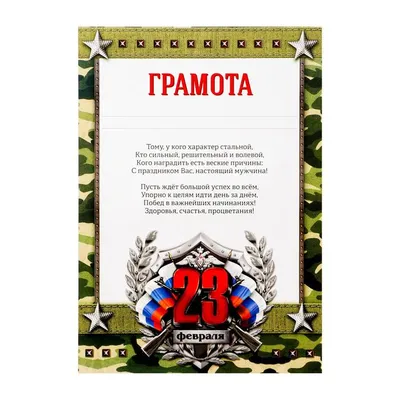 Купить грамота \"23 февраля\", камуфляж, с текстом, 21х29,7 см, цены на  Мегамаркет | Артикул: 100046047104
