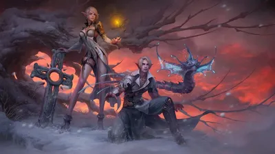 Download wallpaper stars, mountains, girls, wings, feathers, lineage 2,  staff, ears, section games in resolution 1080x960