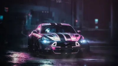 Скачать 1920x1080 ford mustang gtr, ford, машина, неон, ночь, мокрый обои,  картинки full hd, hdtv, fhd, 1080p