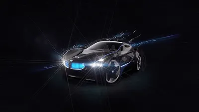 Обои на рабочий стол Черная машина BMW с голубой неоновой подсветкой  передней чвасти и включенными фарами, на черном фоне, обои для рабочего  стола, скачать обои, обои бесплатно