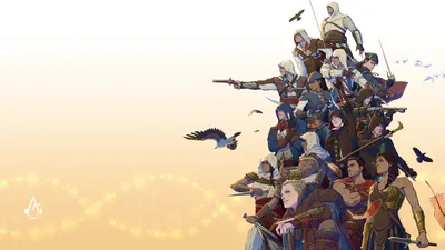 Обои на рабочий стол Группа ассасинов из разных эпох в Анимусе из серии игр  Assassins Creed - Assassins Creed / Assassin's Creed Brotherhood / Assassin's  Creed III / Assassin's Creed IV Black