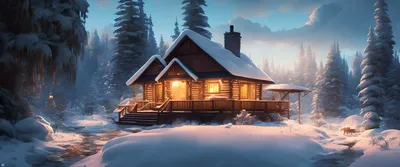 ДОМИК В ЗИМНЕМ ЛЕСУ. ULTRAWIDE ОБОИ ОТ НЕЙРОСЕТИ В РАЗРЕШЕНИИ 3440X1440 |  Пикабу
