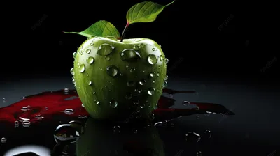 зеленое яблоко сидит на черной поверхности с каплями на нем, яблочные  картинки на рабочий стол фон картинки и Фото для бесплатной загрузки