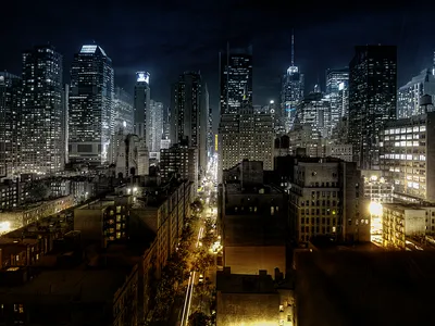 Обои на рабочий стол Небоскребы ночного Нью-Йорка / New York City, США /  USA, обои для рабочего стола, скачать обои, обои бесплатно