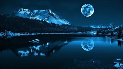 Картинки река, пейзаж, Природа, море, горы, луна, снег, вода - обои 1366x768,  картинка №23898