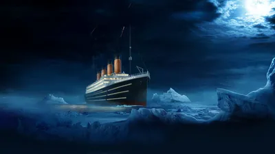 Картинки титаник, картина, ночь, айсберг, момент, titanic, красиво, арт,  луна, темный фон, небо,облака, природа - обои 1920x1080, картинка №119996